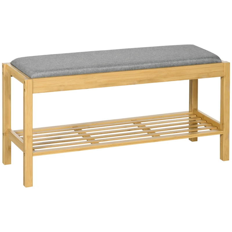HOMCOM Banco Zapatero de Bambú Zapatero con Asiento Tapizado para 3 Pares de Zapatos con Estante de Listones 90x30x46cm Natural