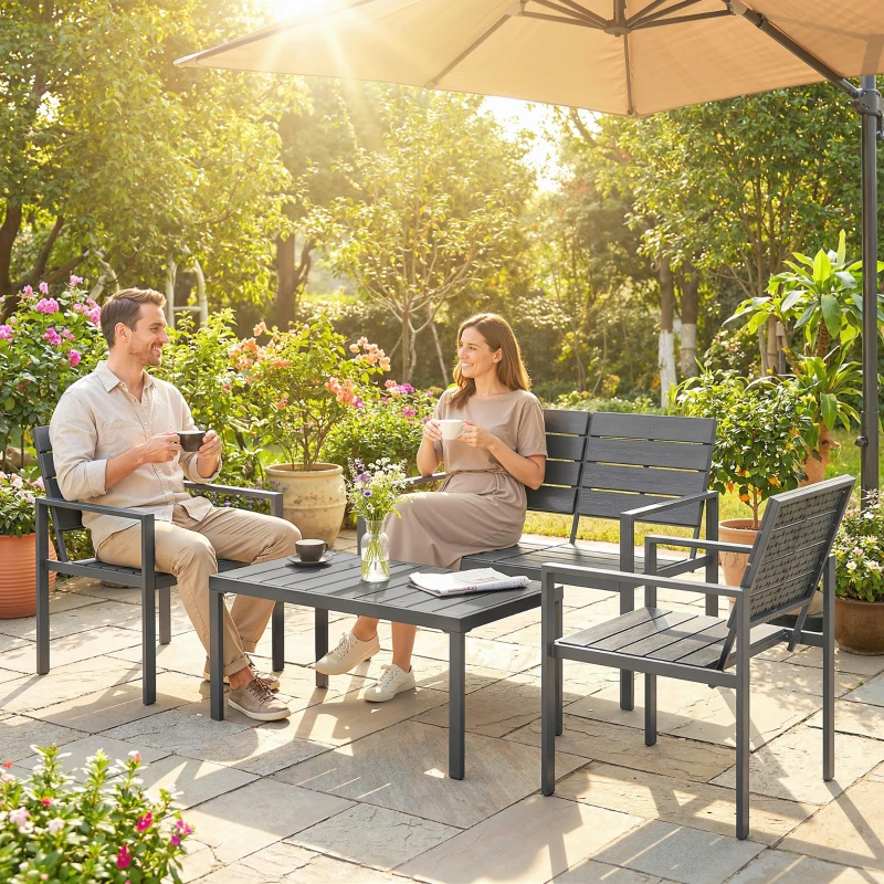 Outsunny 4 Piece Garden Furniture Set, Outdoor Sofa Set with HDPE Slatted Loveseat Armchairs Coffee Table Metal Frame, Dark Grey