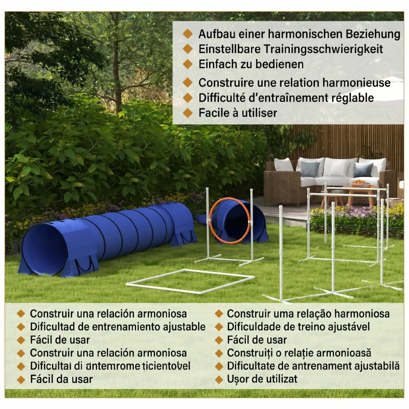PawHut Set de Agilitate pentru Câini, 7 Piese, cu Fluier și Geantă de Transport, din Plastic și ABS, 89x69x99 cm, Alb Portocaliu Albastru