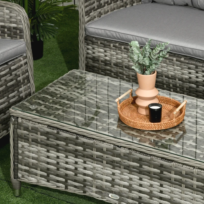 Outsunny 4 Pieces Outdoor PE Rattan Garden Furniture Set with Cushions - Patio Special Hand Weave Wicker Conservatory Sofa Set and Glass Top Coffee Table, Mixed Grey