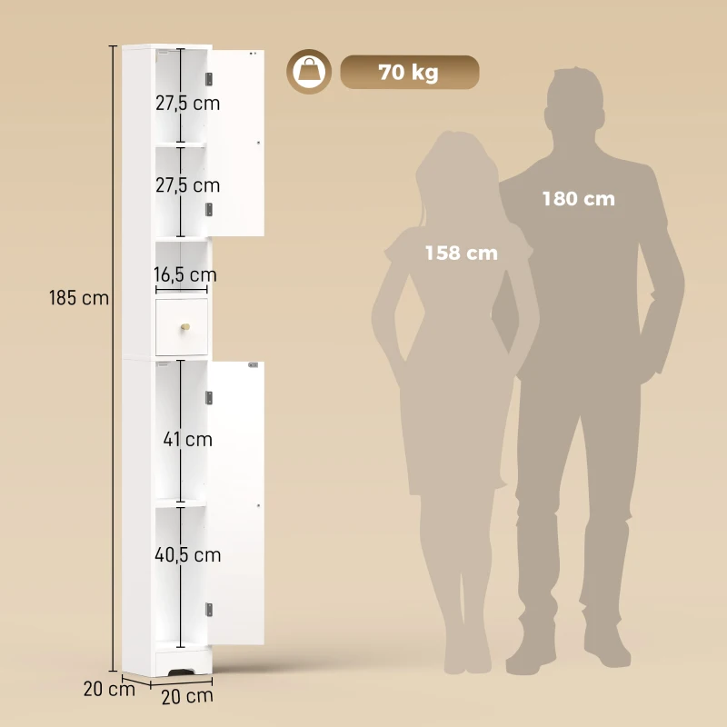 HOMCOM Badezimmerschrank schmaler Badschrank mit Schublade gewölbten Türen offenem Fach verstellbare Ablage 20x20x185 cm Weiß