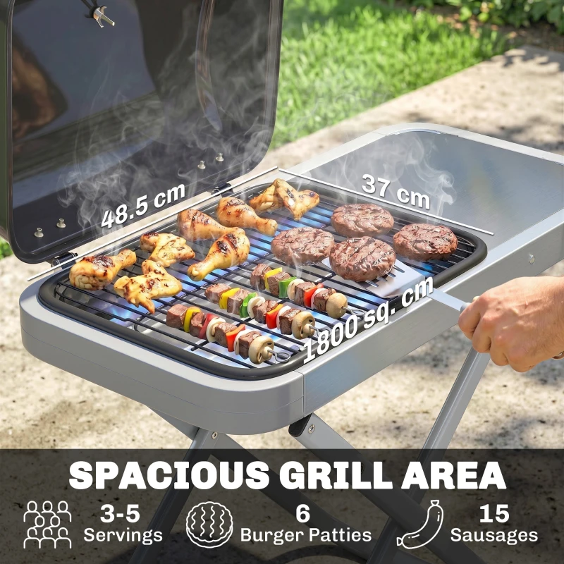 Outsunny Foldable Gas BBQ Grill with Side Table, Portable Gas Barbecue Grill with Thermometer, Grease Box, Wheels, 2.5 kW, Black