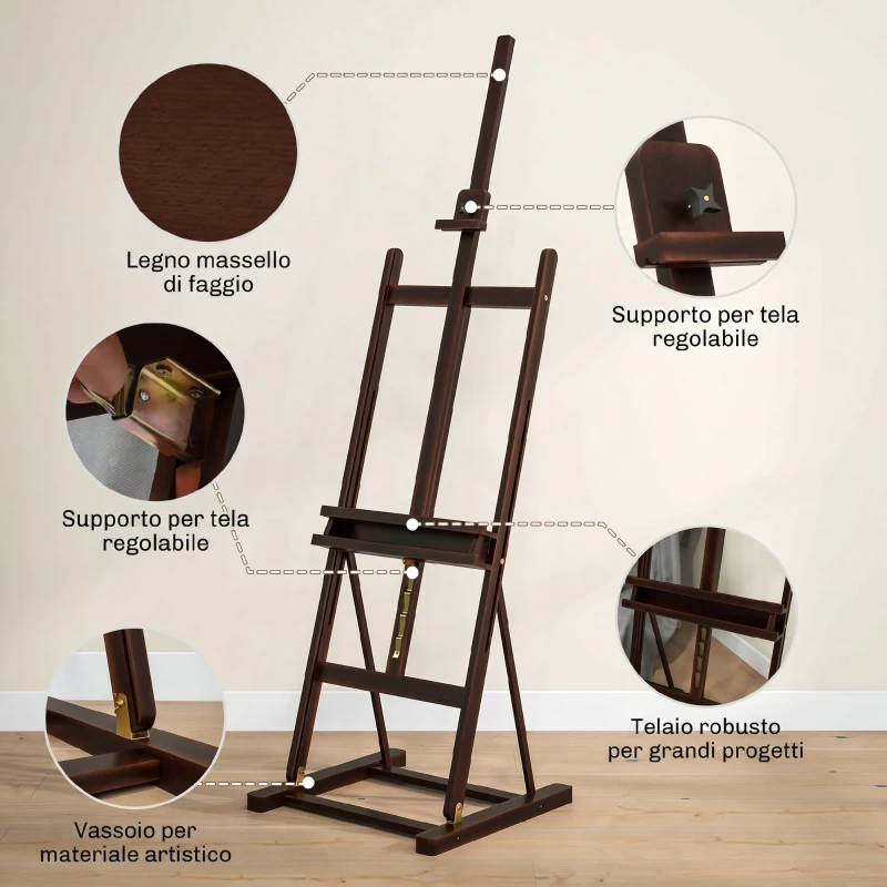 HOMCOM Cavalletto da Pittore Regolabile in Legno di Faggio con Vano Contenitore, 53x50.5x171-230cm