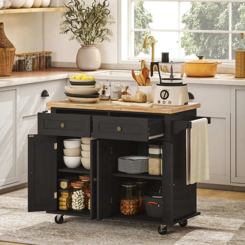 HOMCOM Isla de Cocina con Ruedas Mueble Auxiliar de Cocina con Especiero y Barra Lateral 111x44,5x82,5 cm Negro
