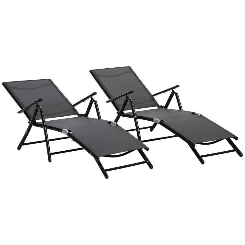 Outsunny Lot de 2 bain de soleil, chaise longue pliante, dossier réglable 7 positions, cadre en aluminium, 64x134x95cm, noir