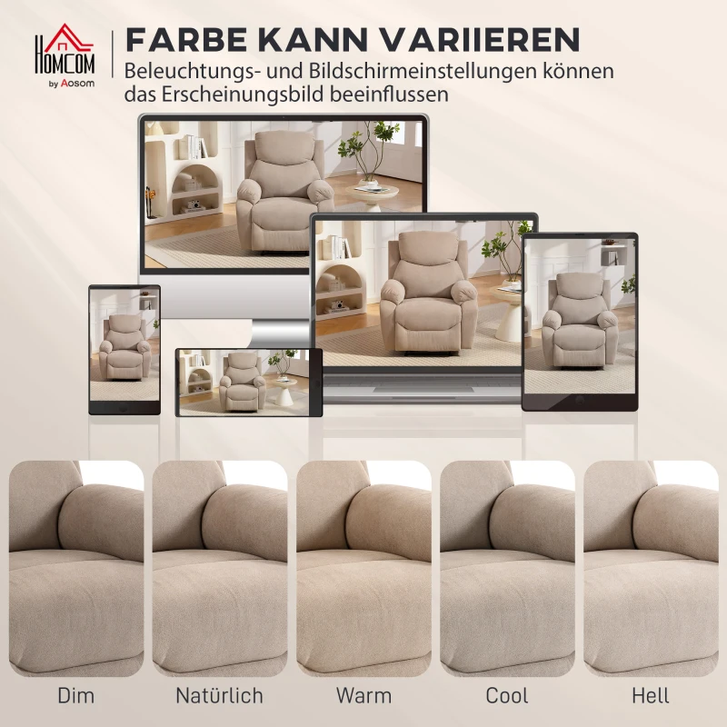 HOMCOM Manueller Relaxsessel, Moderner Sessel im Leinenstoff-Look mit dicker Polsterung, Gepolsterte Armlehnen und Fußstütze, Beige