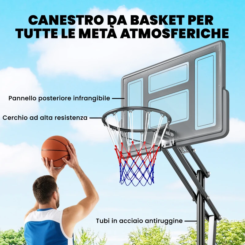 SPORTNOW Canestro da Basket per Esterni con Base Riempibile e Rotelle, in Acciaio, PE e PC, 120x120x370 cm