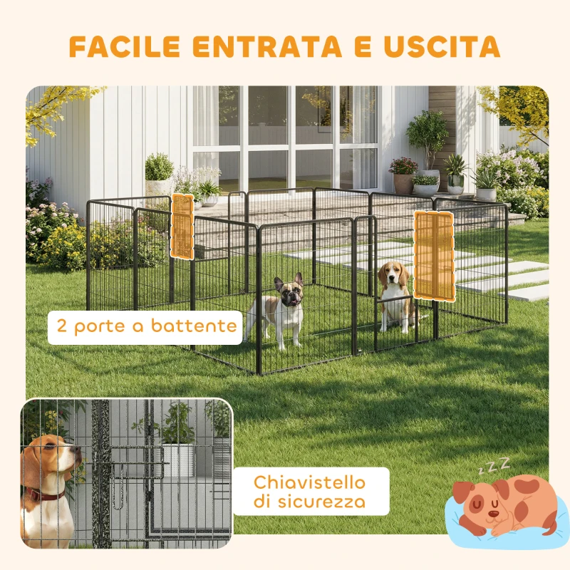 PawHut Recinto per Cani a 12 Pannelli Modulabili da 80x100 cm, Pieghevole con Porta in Acciaio e 12 Picchetti, Grigio