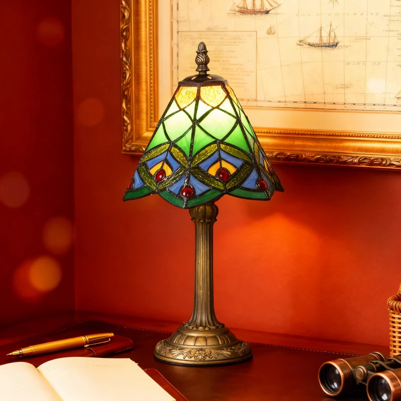 HOMCOM Tiffany-Style Table Lamp with Geometric Patterns, Handcrafted Antique Stained Glass Bedside Lamp for Living Room and Bedroom, E27 Socket, Green
