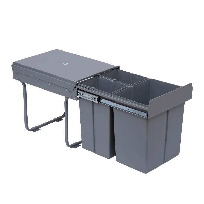 HOMCOM Cubo Basura Extraible Bajo Fregadero con 3 Contenedores de Reciclaje Clasificación de Residuos 48x34,2x41,8 cm Gris