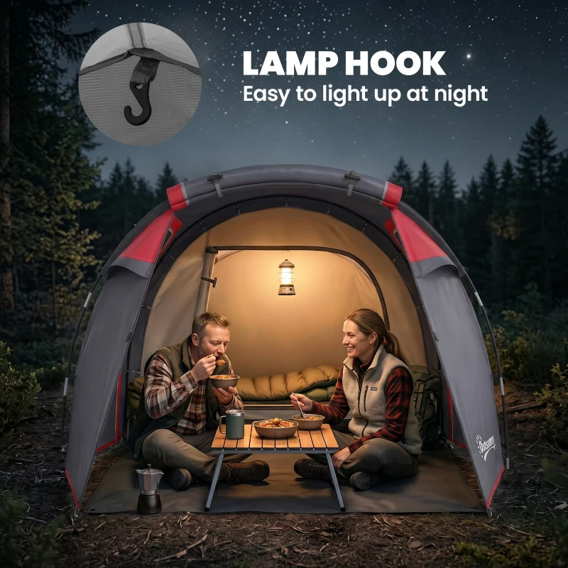 Outsunny 2 Man Tunnel Tent with Sewn-in Groundsheet, Air Vents, Rainfly, 2000mm Large Camping Tent with Bedroom, Porch, Living Area for Camping, Hiking, 426L x 206W x 154H cm, Dark Grey