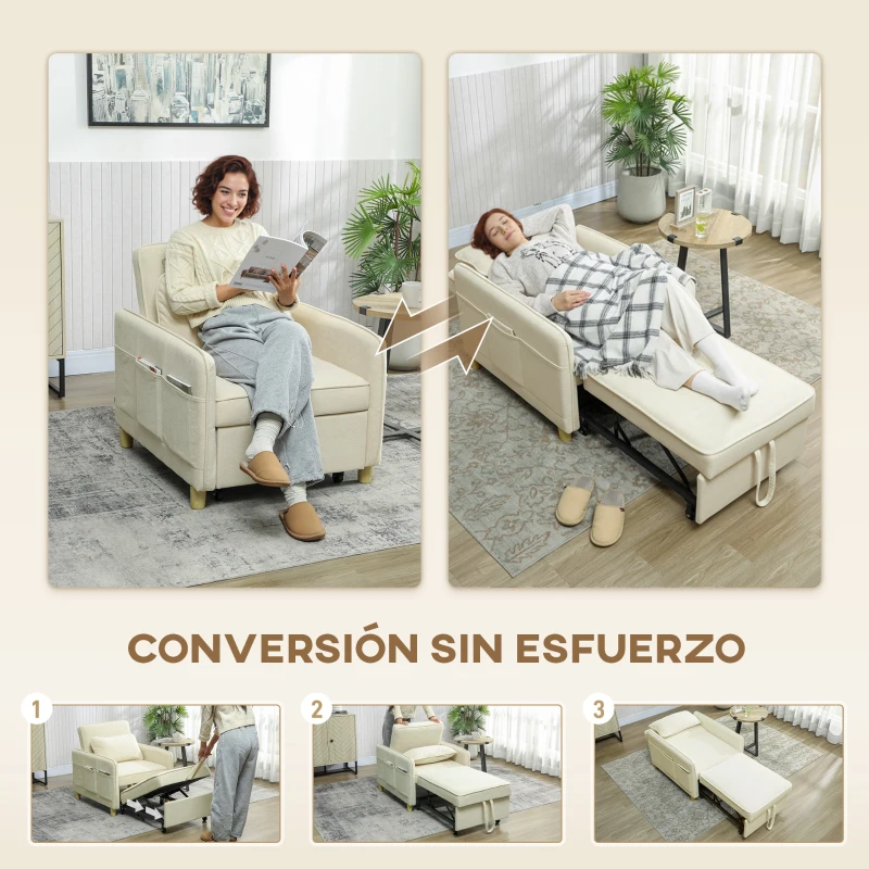 HOMCOM Sillón Cama Individual 3 en 1 Sofá Cama Plegable con Respaldo Ajustable y Cojín para Salón 74x85,5x82 cm Beige
