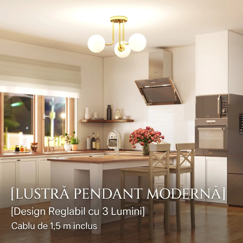 HOMCOM Candelabru de Tavan Vintage cu 3 Puncte de Lumină Socluri G9, 42x42x26.5 cm, Auriu