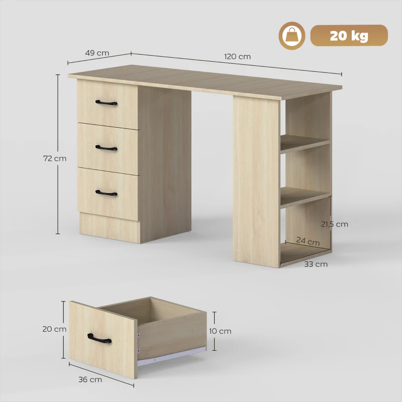 HOMCOM Schreibtisch Computertisch Bürotisch Arbeitstisch Regal mit 3 Schubladen Regale Natur 120 x 49 x 72 cm