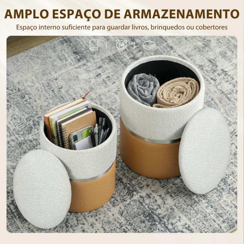 HOMCOM Conjunto de 2 Puffs de Armazenamento Estofados em Chenille e PU Assento Acolchoado para Entrada Quarto ou Sala Castanho e Creme