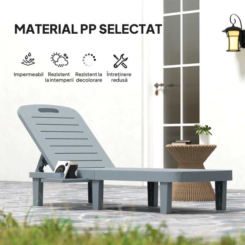 Outsunny Set de 2 șezlonguri, șezlonguri cu tăvi retractabile, înclinabile, suprafață efect lemn, 62 x 158 x 88 cm, gri