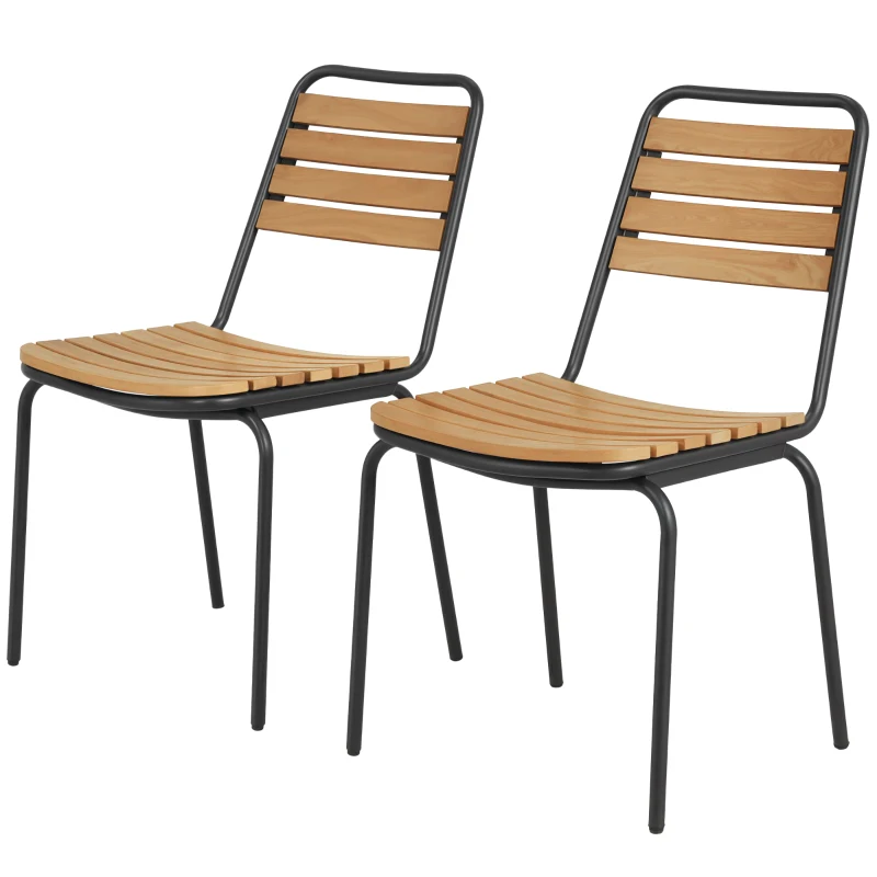 Outsunny Lot de 2 Chaises de Jardin Empilables, Assise et Dossier en Bois Massif à Lattes, Cadre en Acier, 61x47x81cm, Naturel