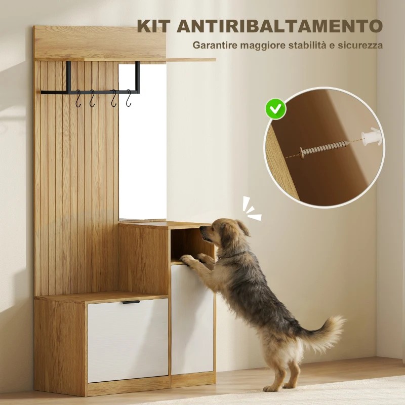 HOMCOM Appendiabiti da Ingresso con Asta, 4 Ganci, Panca con Scarpiera e Armadietto, Rovere e Bianco
