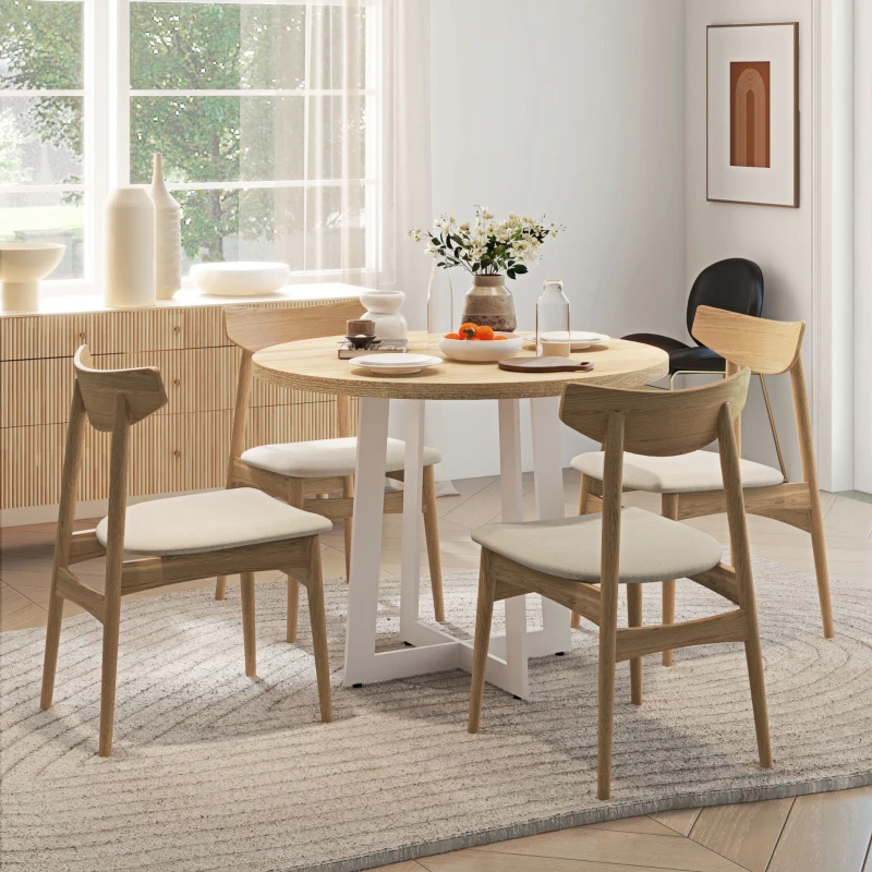 HOMCOM Tavolo da Pranzo Rotondo Moderno per 4 Persone, Ø100x75cm, Legno Naturale e Bianco
