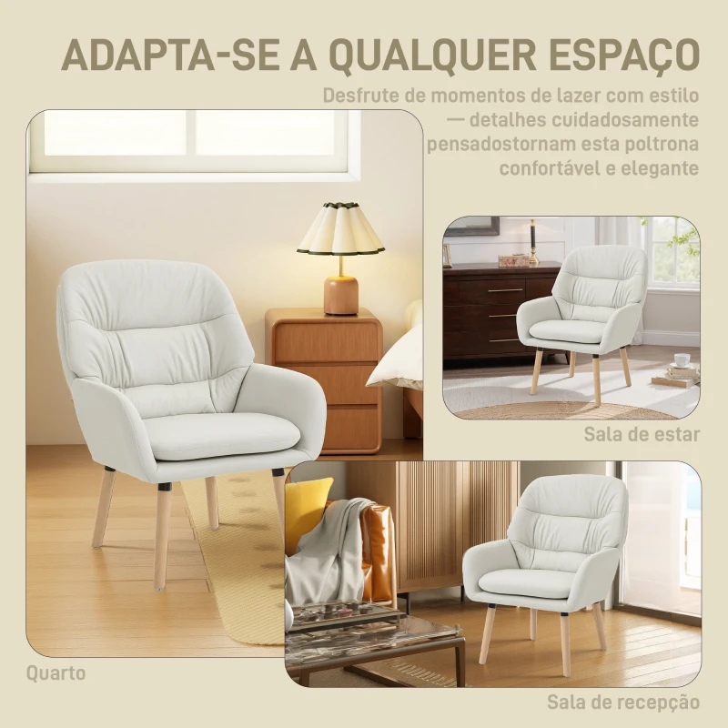 HOMCOM Poltrona de Sala de Estar Moderna Acolchoada de Dupla Camada Estofada em Couro Sintético Pés de Madeira 68x74x89 cm Creme