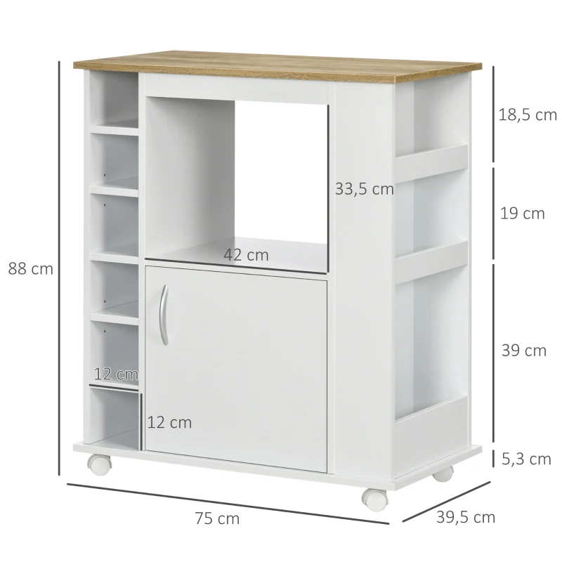 HOMCOM Carrello da Cucina con Armadietto e Ripiani Regolabili, Ruote Girevoli e Freno, 75x39.5x88 cm, Bianco