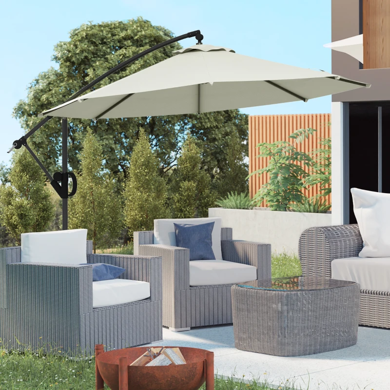 Umbrelă de soare 3 (m) în consolă cu bază transversală Outsunny, Umbrelă de soare cu manivelă, înclinare și 8 nervuri