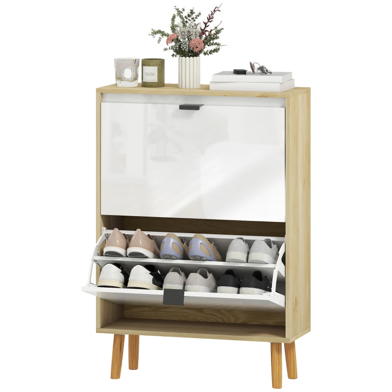 HOMCOM Zapatero Estrecho con 2 Puertas en Blanco Brillo Estantes Ajustables Patas de Madera para 12 Pares de Zapatos