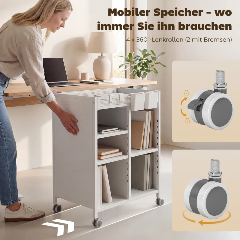 HOMCOM Bücherregal auf Rollen, 4-stufig, verstellbare Regalböden & Hängekörbe für Home Office und Wohnzimmer, Weiß