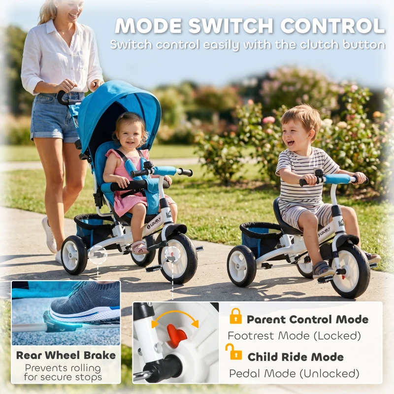 HOMCOM 6 in 1 Kids Trike with Parent Handle, Canopy, 5-point Seat Belt, Storage, Footrest, Brake, for 1-5 Years, Blue