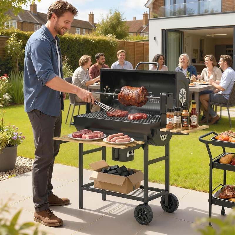 Outsunny Barbacoa de Carbón Portátil Barbacoa Carbón Barril con Asador Eléctrico Estantes Plegables Ruedas Termómetro