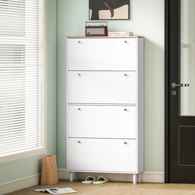 HOMCOM Dulap pentru Pantofi 32 Perechi cu 4 Sertare Rabatabile, Rafturi Reglabile, Modern, 80 x 23,5 x 157 cm, Alb