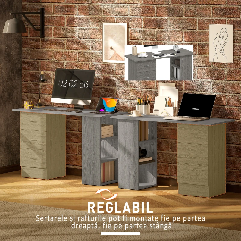 HOMCOM Birou pentru PC cu 3 Sertare și 3 Rafturi, Birou pentru Cameră și Birou din MDF 120x49x72 cm, Gri