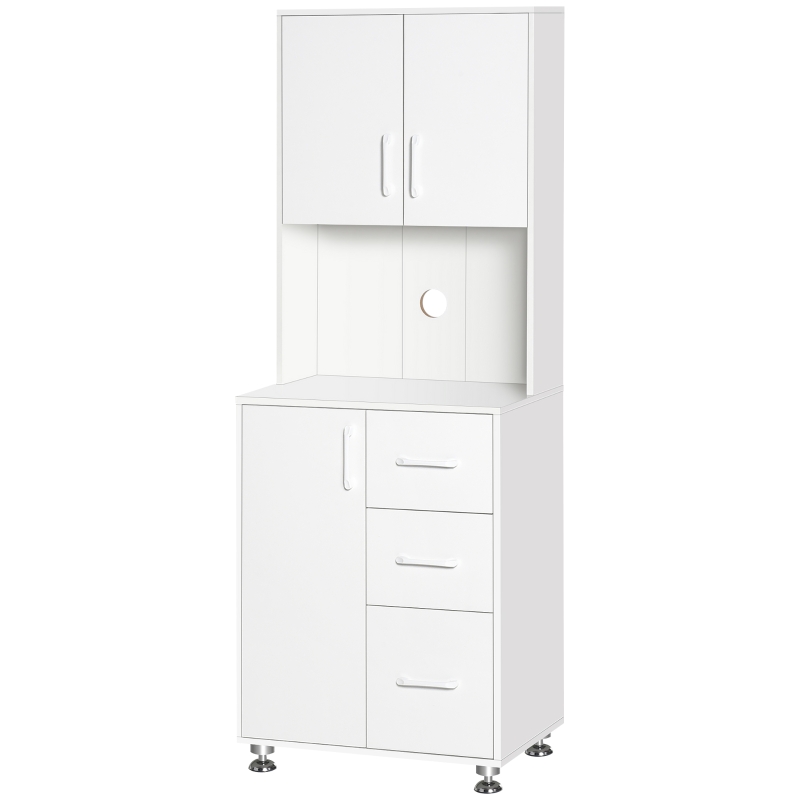 HOMCOM Küchenschrank Hochschrank mit 2 Türen Regal Mikrowellenregal Küchenbuffet mit unterem Aufbewahrungsschrank und 3 Schubladen Kommode Spanplatte Stahl Weiß 60 x 40 x 160 cm