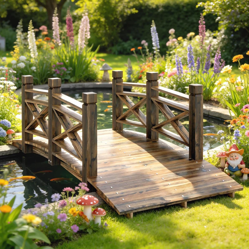Outsunny Holzbrücke mit Geländer Gartenbrücke aus Tannenholz Teichbrücke mit Antik-Optik, begehbar 174 x 78 x 57,5 cm Verkohlt