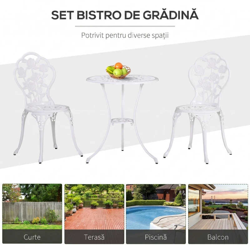 Outsunny Set de Grădină 3 Piese din Aluminiu cu 2 Scaune 42,5x47,5x89 cm și Masă Rotundă Ø60x67 cm, Alb