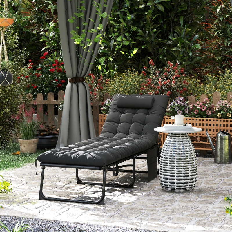 Outsunny Lettino Prendisole Pieghevole con Cuscino, Poggiatesta e Tasca Laterale, 58x189x32.5 cm, Nero