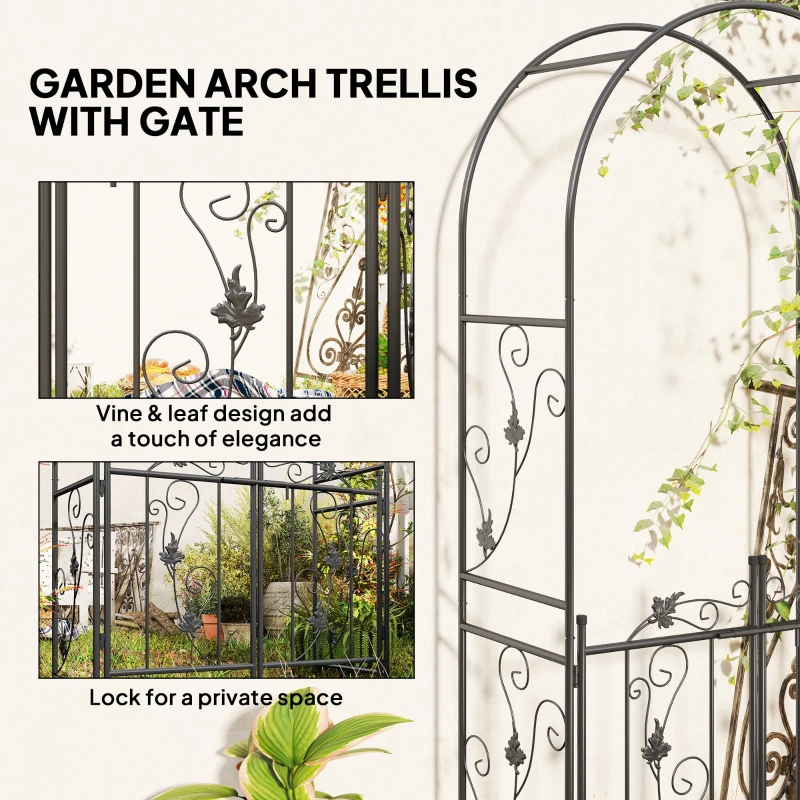 Outsunny 2.17m Steel Garden Arch with Gate, Wedding Arch for Outdoor, Garden, 107W x 45D x 217H cm Black