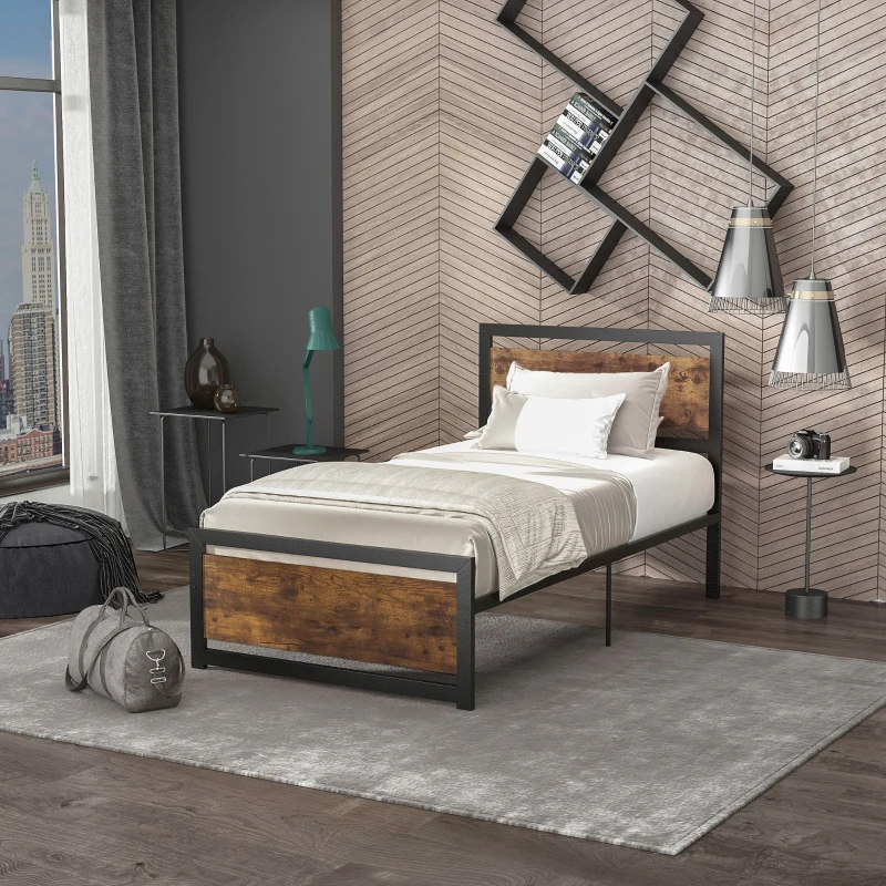 HOMCOM Estructura de Cama de Acero Somier de Cama con Cabecera para Colchón 90x190 cm Carga 150kg 97x195x103cm Negro y Marrón
