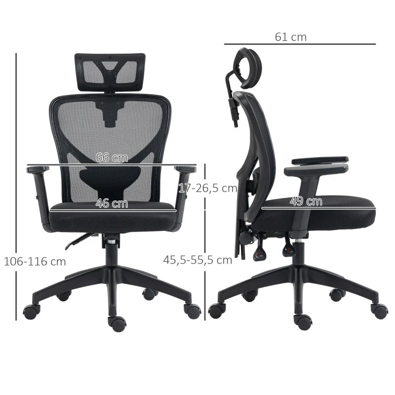 Vinsetto Sedia da Ufficio Ergonomica con Altezza Regolabile, Supporto Lombare e Poggiatesta, 66x61x106-116cm Nero