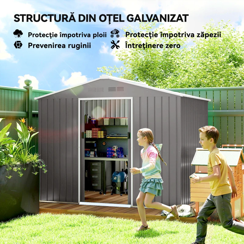 Outsunny Căsuță de grădină 2,3x1,7 m din oțel cu orificii de aerisire și uși duble glisante, efect lemn
