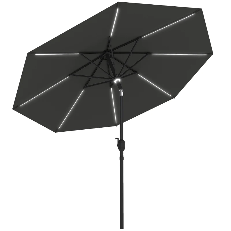 Outsunny Sonnenschirm im Freien Gartenschirm mit Solarbeleuchtung LED Sonnenschutz Stahl Aluminum Polyester Dunkelgrau Ø270 x 245H cm