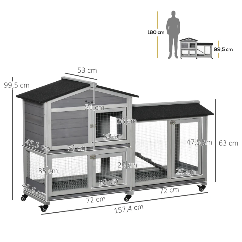 PawHut Conigliera a 2 Livelli con Rete Protettiva e Rotelle in Legno e Metallo, 157.4x53x99.5 cm, Grigio