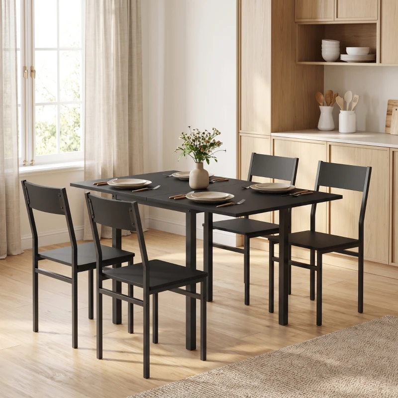 HOMCOM Juego de Mesa de Comedor con Mesa Extensible y Sillas Apilables, Negro