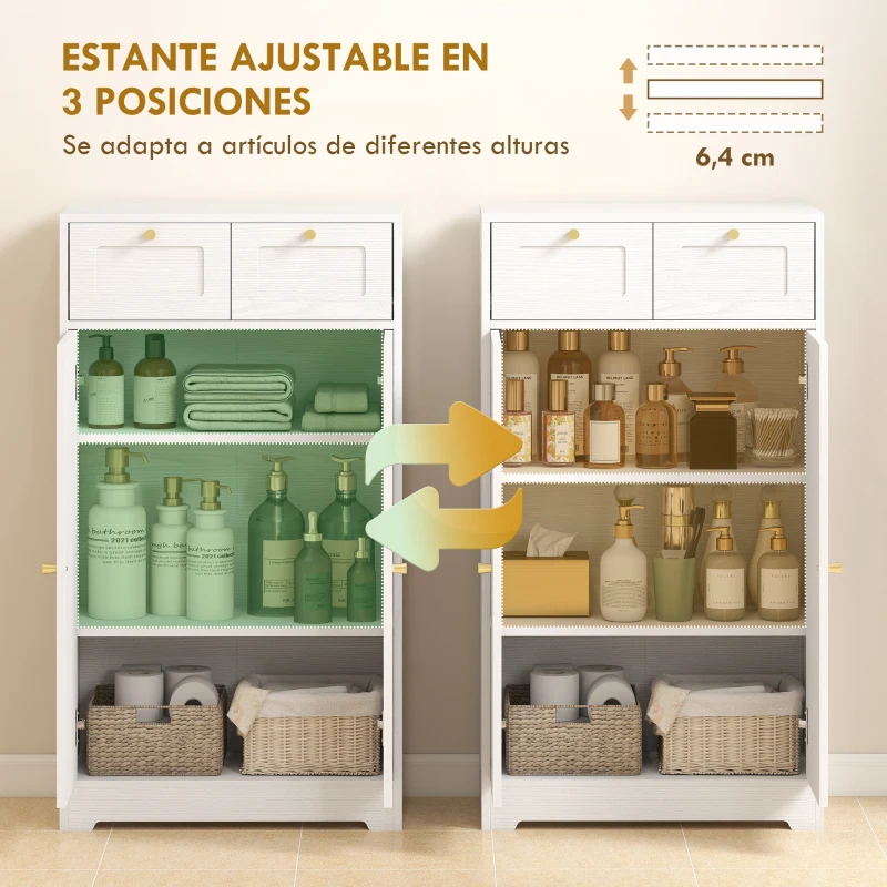 HOMCOM Armario de Baño Estrecho con 2 Cajones Estante Abierto y Puerta con Panel Arqueado 60x30x108 cm Blanco Veteado