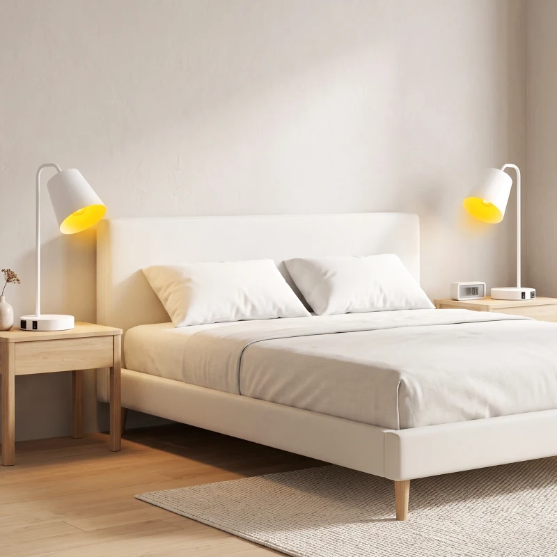 HOMCOM Set de 2 Veioze Moderne din Oțel cu Porturi USB, Soclu E27, Bec Neinclus, Alb