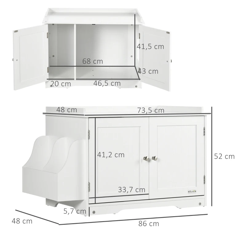 PawHut Maison de toilette pour chat design meuble cache litière 2 en 1 table d'appoint 2 portes avec cloison amovible blanc