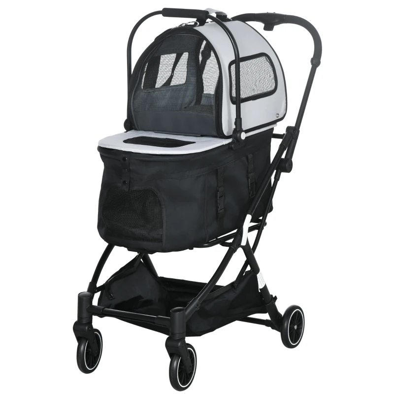 PawHut 3in1 Hundewagen, 2 Kabinen, klappbar, Aufbewahrungskorb, Stahlrahmen, grau, 67 x 49 x 99 cm