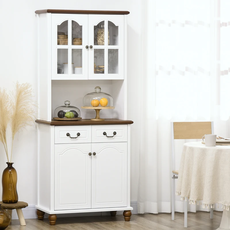 HOMCOM Küchenschrank, Buffet, 2 Schubladen, 2 Schrankfächer, klassisches Design, Weiß+Dunkelbraun, 76 x 38 x 182 cm(m-2)