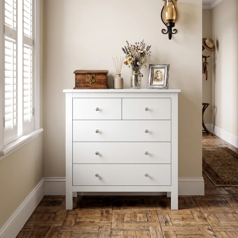 HOMCOM Modern Chest of Drawers, 5 Drawer Storage Cabinet with Metal Handles and Runners for Bedroom, White
