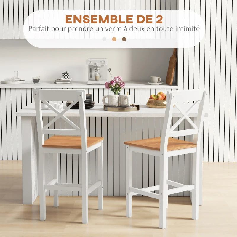 HOMCOM Lot de 2 tabourets de bar, chaises hautes campagne, dossier haut et repose-pieds, 41x46x97,5cm, blanc et bois naturel